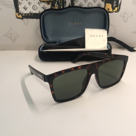 New Authentic Gucci GG0748S 003 Havana Rectangular Sunglasses Green Lenses main image 11